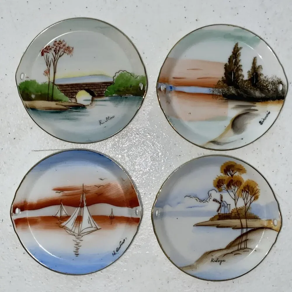Vtg Lenwile Ardalt Hand Painted 3.5” Coasters With Caddy Occupied Japan Set Of 8